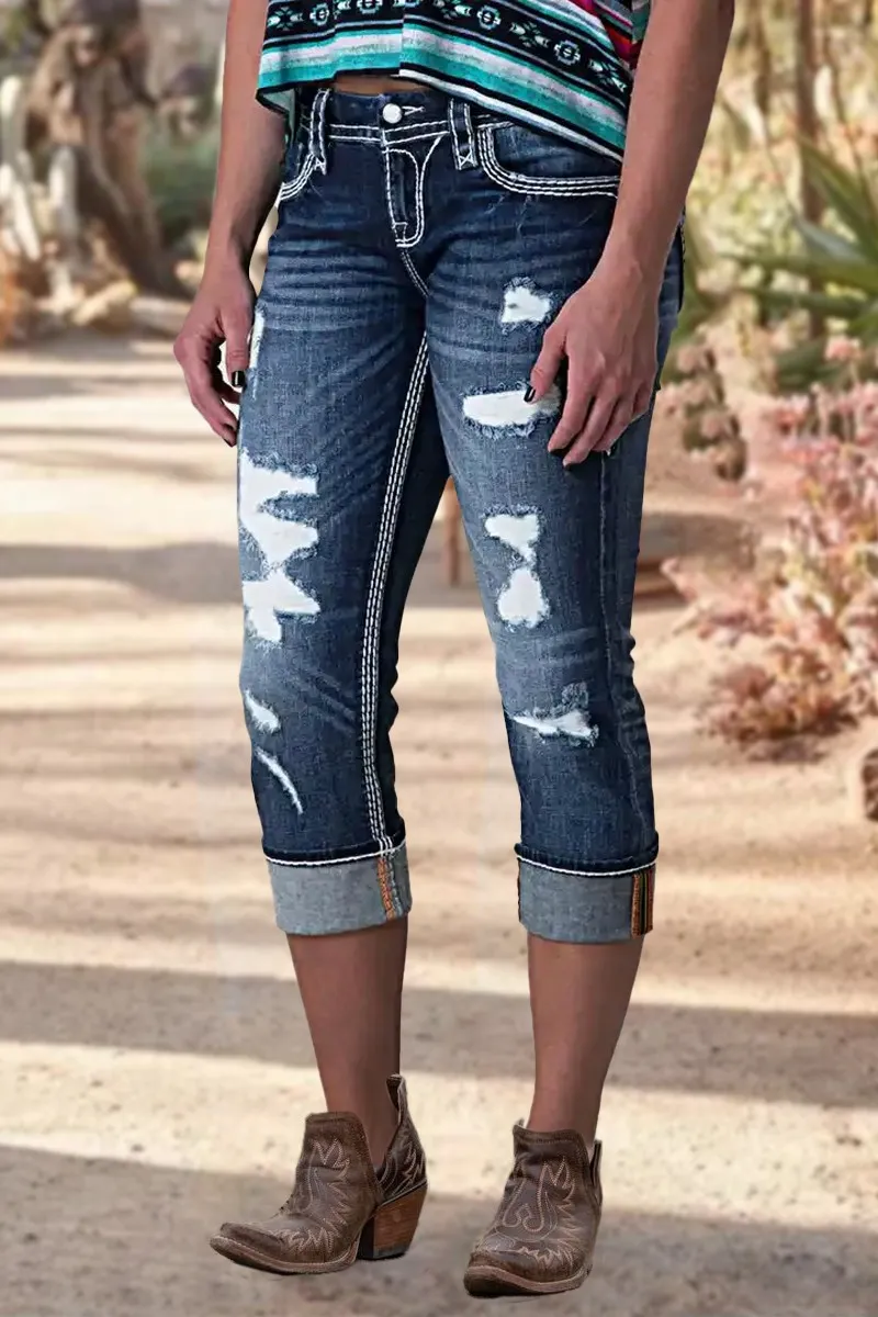 Ripped Roll Hem Wash Stretchy Low Waist Capri Jeans