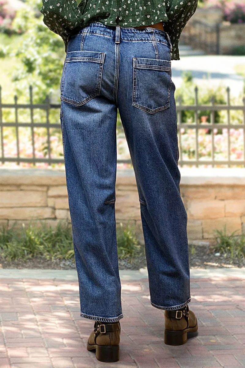 Drawstring Wash Stitch Detail Mid Waist Carrot Jeans