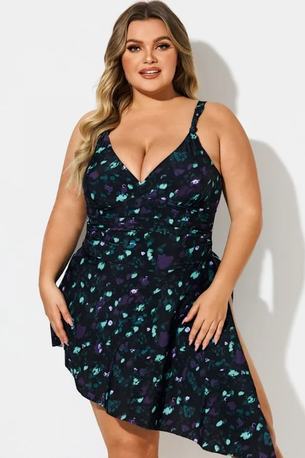 Knotted Front Straps Floral Print V-Neck Asymmetric Swimdress