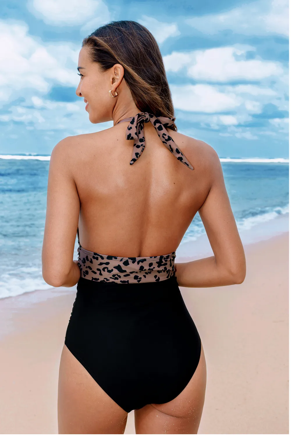 Leopard Print Plunge Halter Tummy Control One Piece Swimsuit