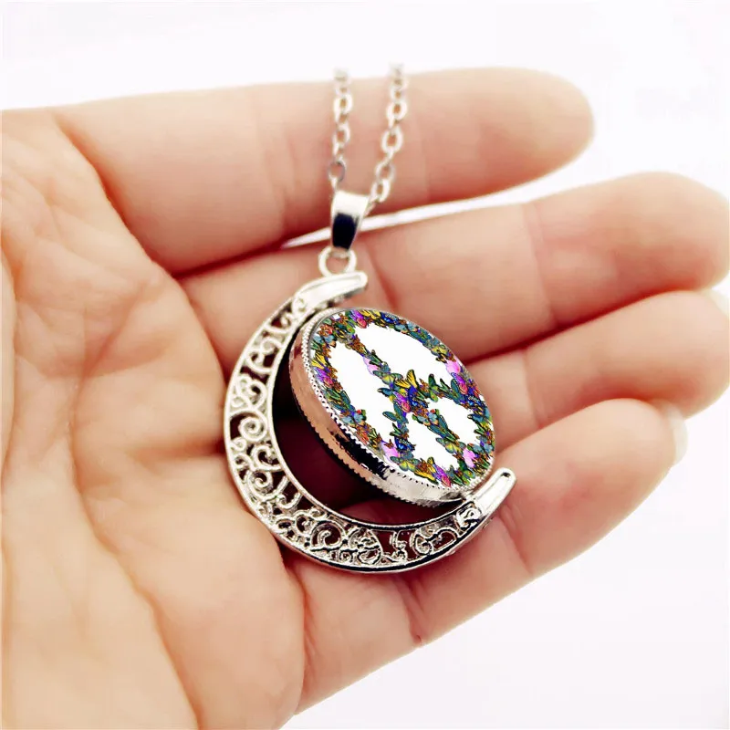 Peace logo time crystal pendant Vintage sweater chain