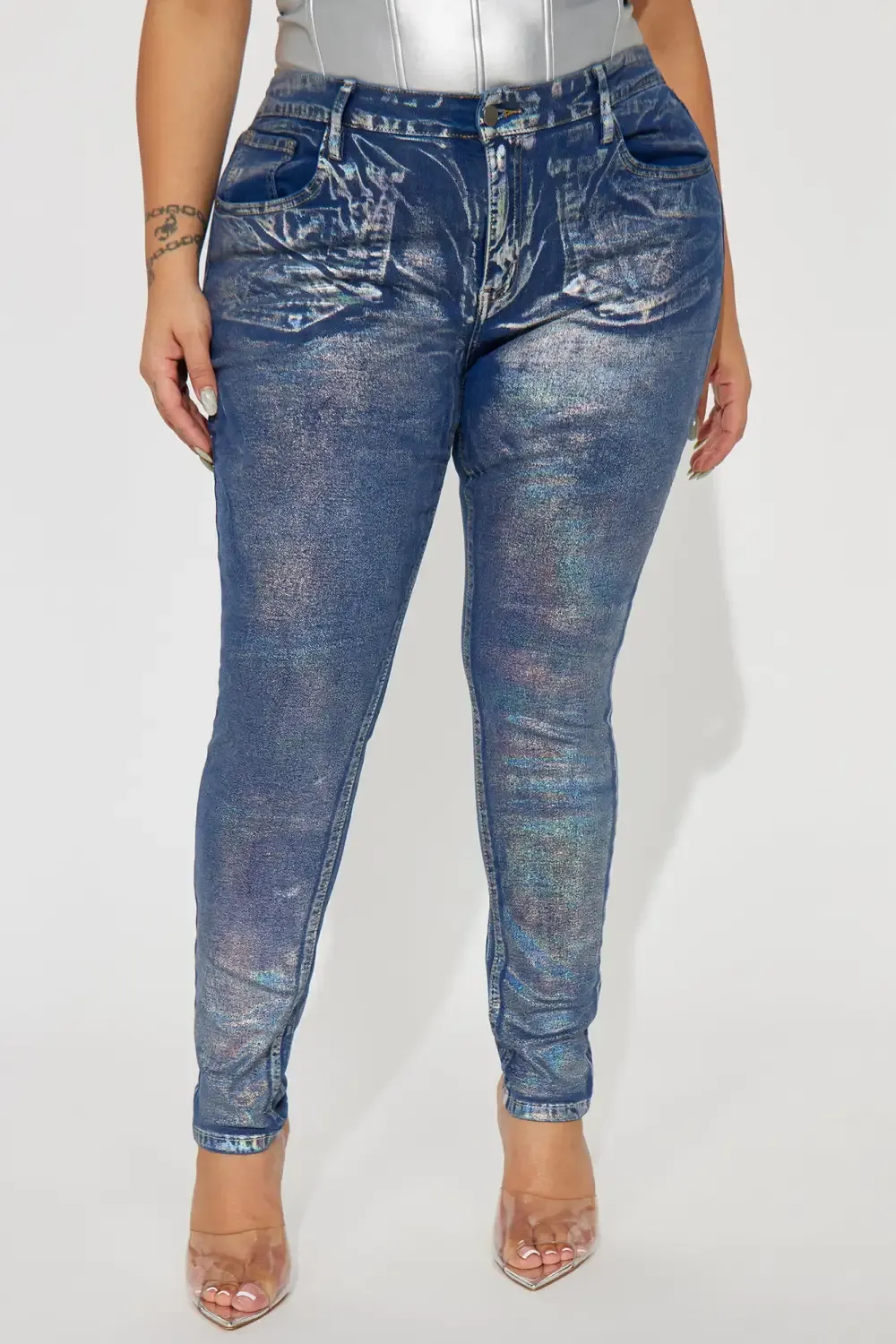 She's Glowing Metallic Foil Stretch Skinny Jeans - Silver