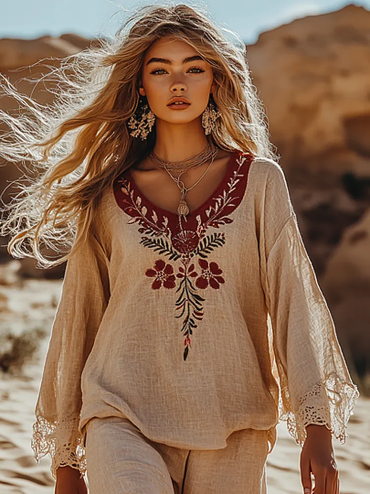Boho Floral Embroidery Print Cotton And Linen Blend Loose Blouse