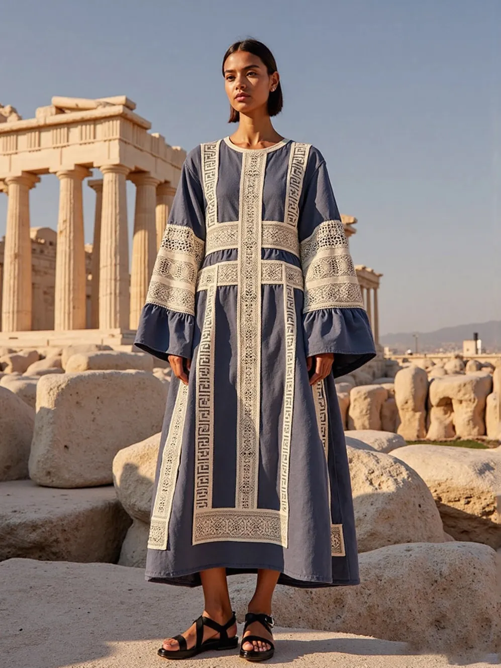 Vintage Greek Key Crew Neck Linen Midi Dress