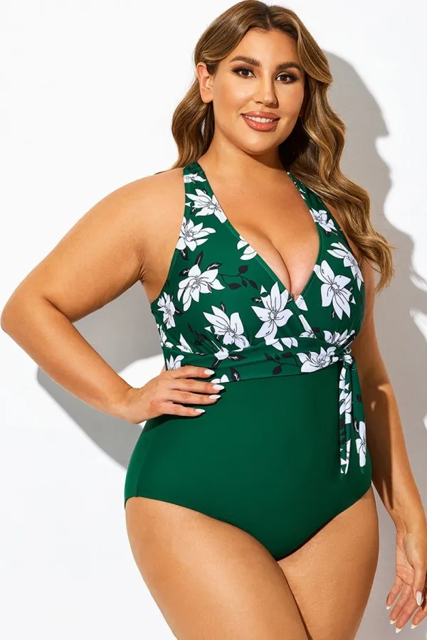 Green Floral Print Halter Neck One Piece Swimsuit