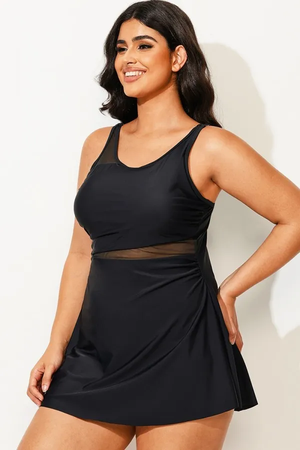 Plus Size V-Neck Black Mesh Panel Swimdress