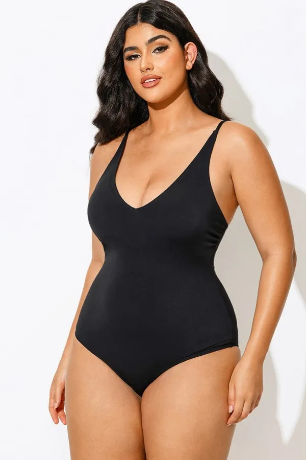 Black Strap Plungey Sculpting One Piece Swimsuit