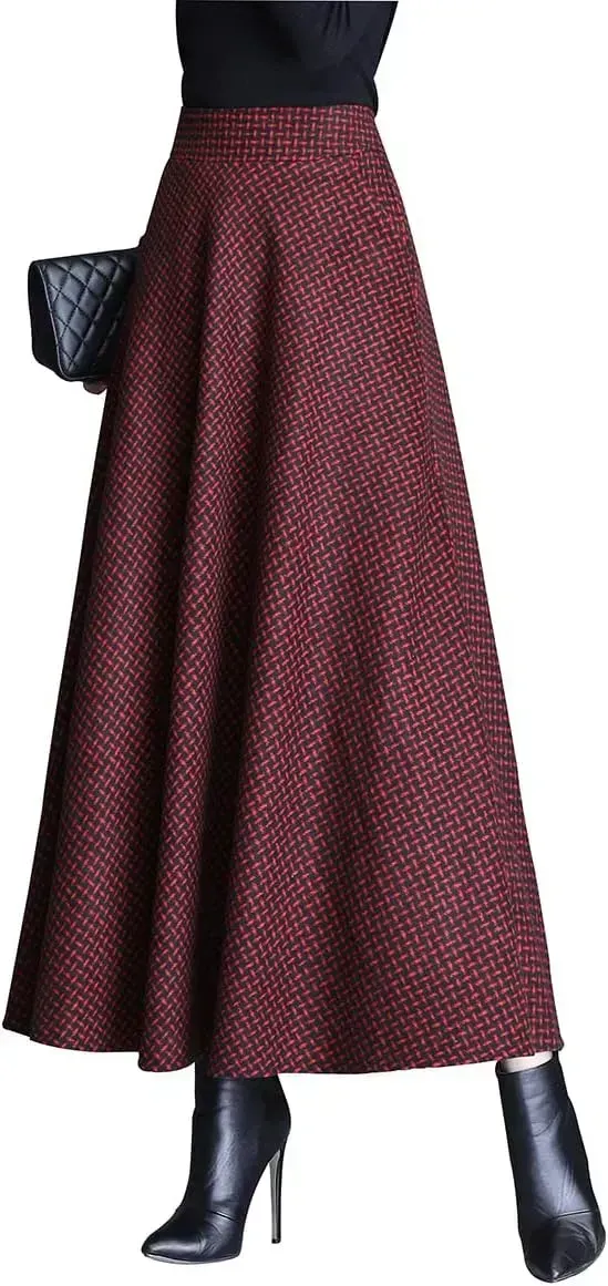 Women's Winter Elegant Warm Long Skirt Wool Maxi Skirts Elastic Waist A-Line High Waist Plaid Pleated Skirt S-3XL