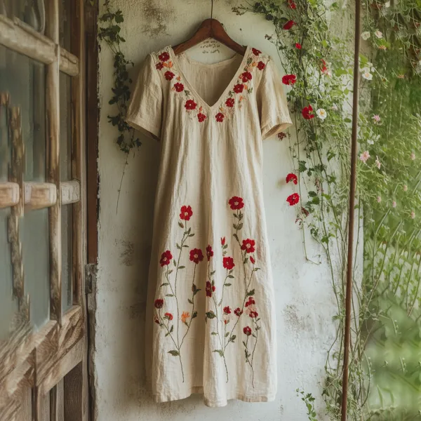 Women's Embroidered Flower V-neck Loose Linen Blend Midi Dress