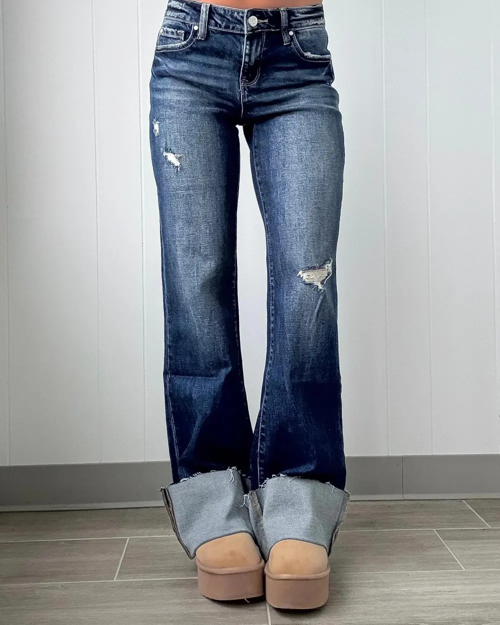 Flare Cuffed Hem Jeans - Dark Wash