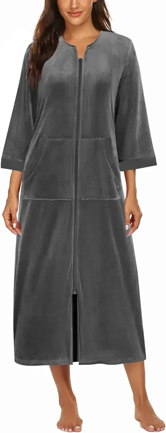 Women Zipper Robe 3/4 Sleeves Loungewear Dress Full Length Sleepwear Pockets Housecoat Nightgown Long Bathrobe