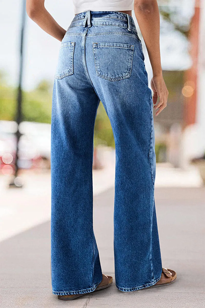 Double Button Wash High Waist Straight Leg Jeans