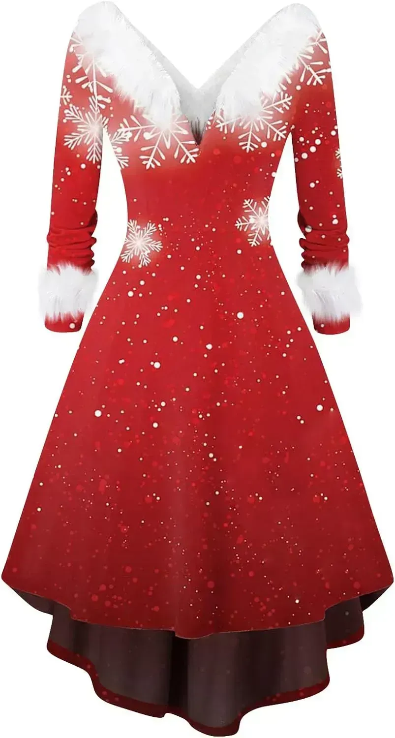 Womens Christmas Dress Fuzzy Mrs Claus Christmas Holiday Xmas Cocktail Holiday Party Flare Dress