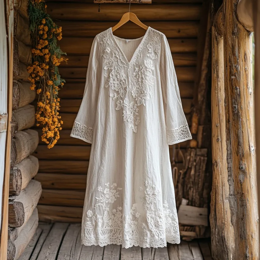 Women's Retro Lace Floral Embroidery Art Mixi Dress