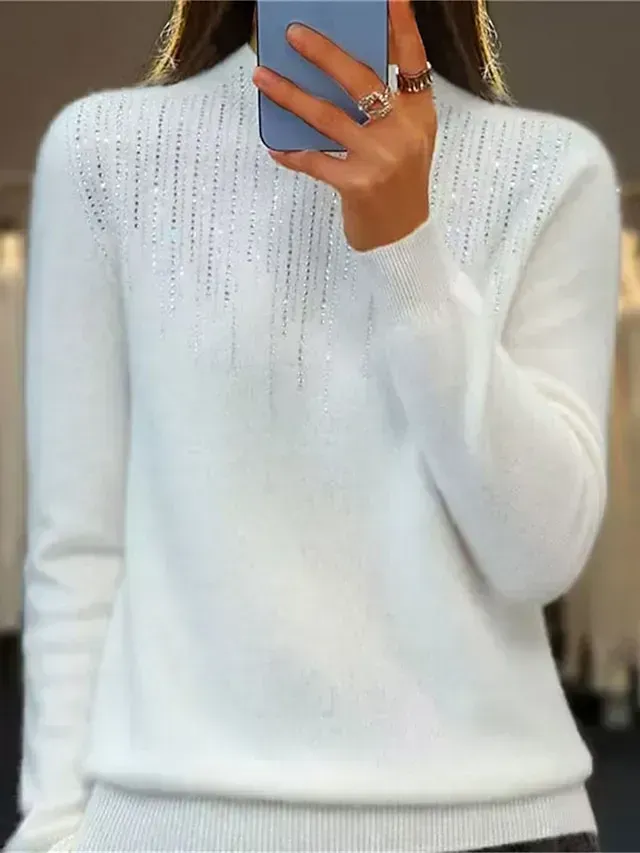 Women‘s Christmas Pullover Sweater Jumper Crew Neck Ribbed Knit Acrylic Sequins Fall Winter Regular Outdoor Daily Going out Xmas Stylish Casual Long Sleeve Solid Color Black White Light Green S M L
