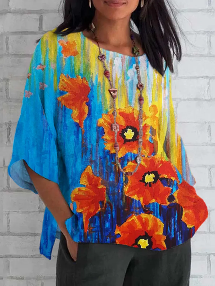 Ukrainian Floral Oil Print Women's Linen Top