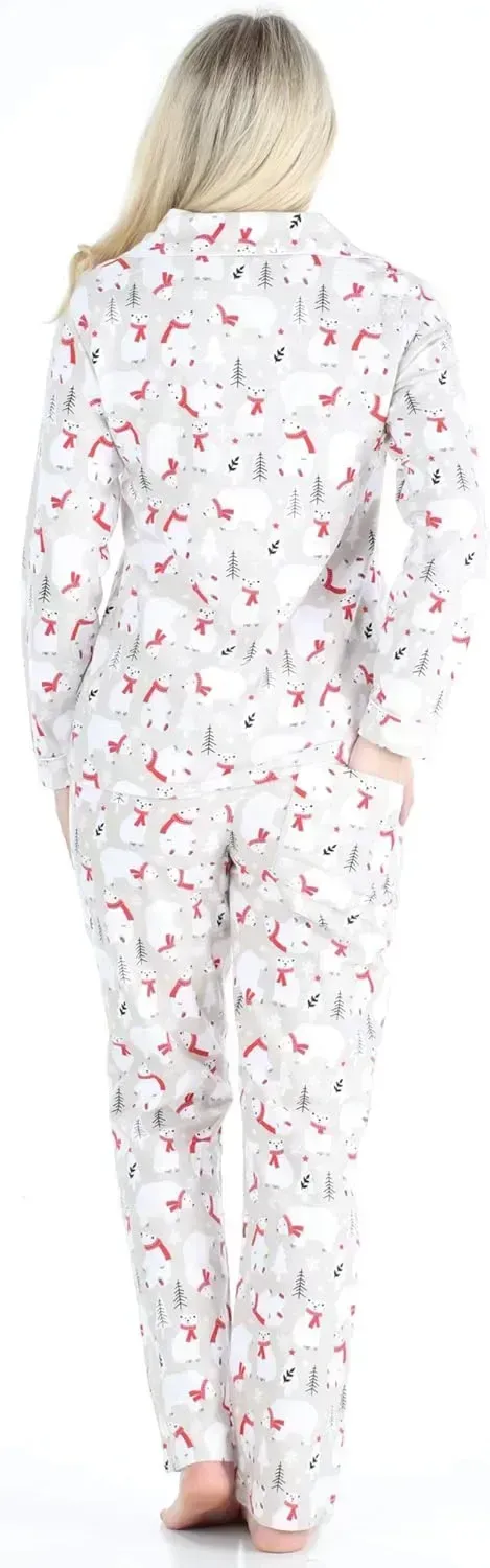 Women's Cotton Flannel Long Sleeve Button-Down Pajamas PJ Set