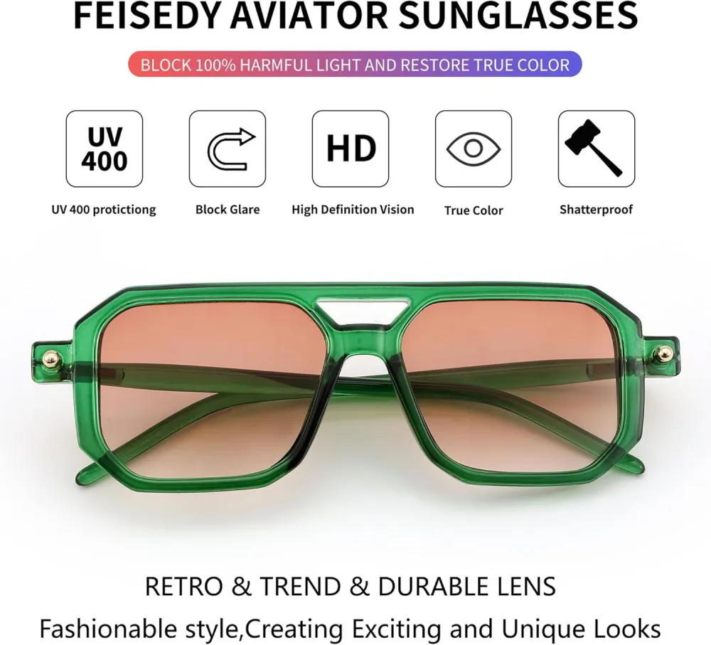 FEISEDY Vintage Square 70s Flat Aviator Sunglasses Women Men Classic Retro Stylish Frame UV400 Sunglasses B2622