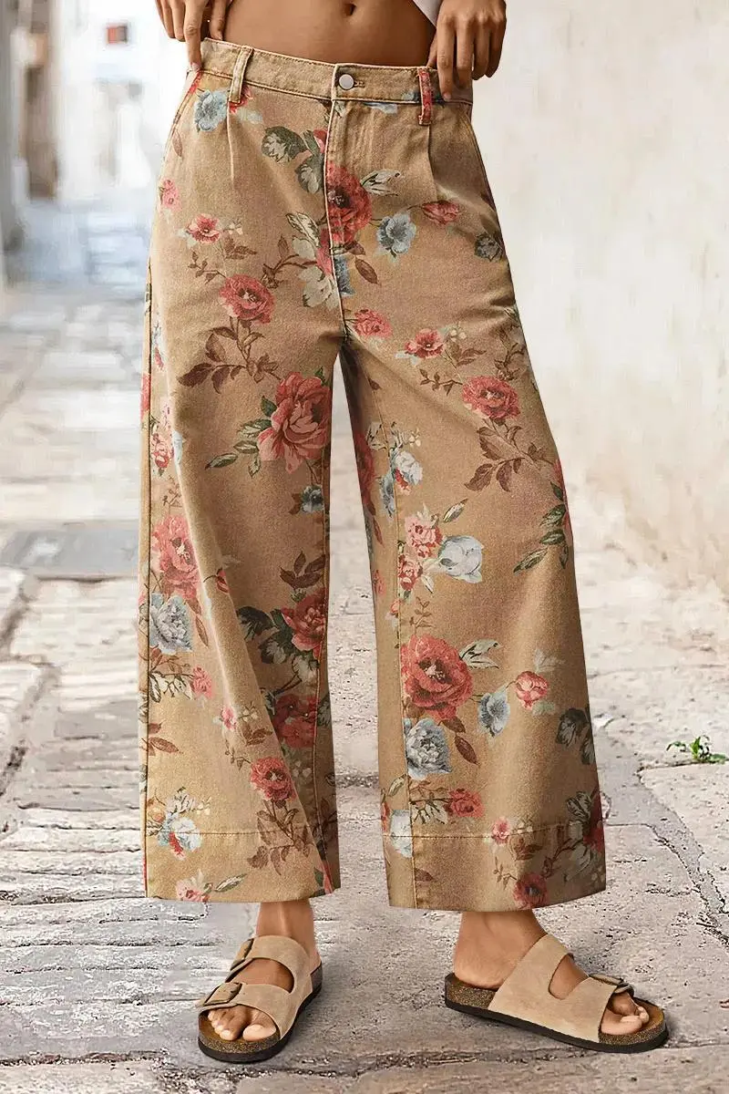 Floral Print Mid Waist Wide Leg Crop Pants