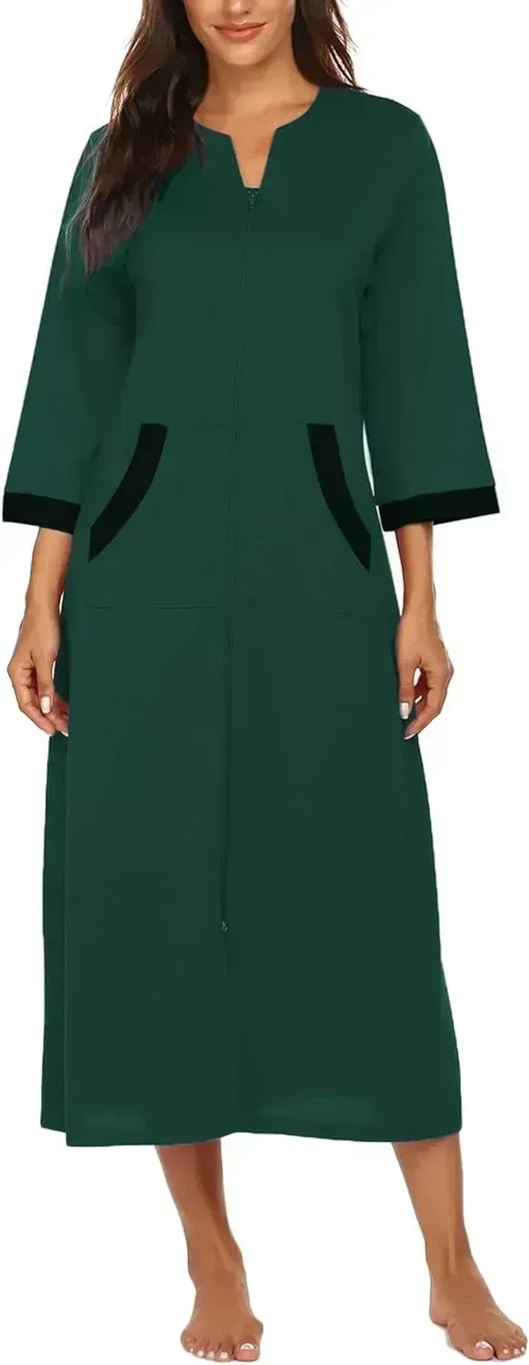 Women Zipper Robe 3/4 Sleeves Loungewear Dress Full Length Sleepwear Pockets Housecoat Nightgown Long Bathrobe