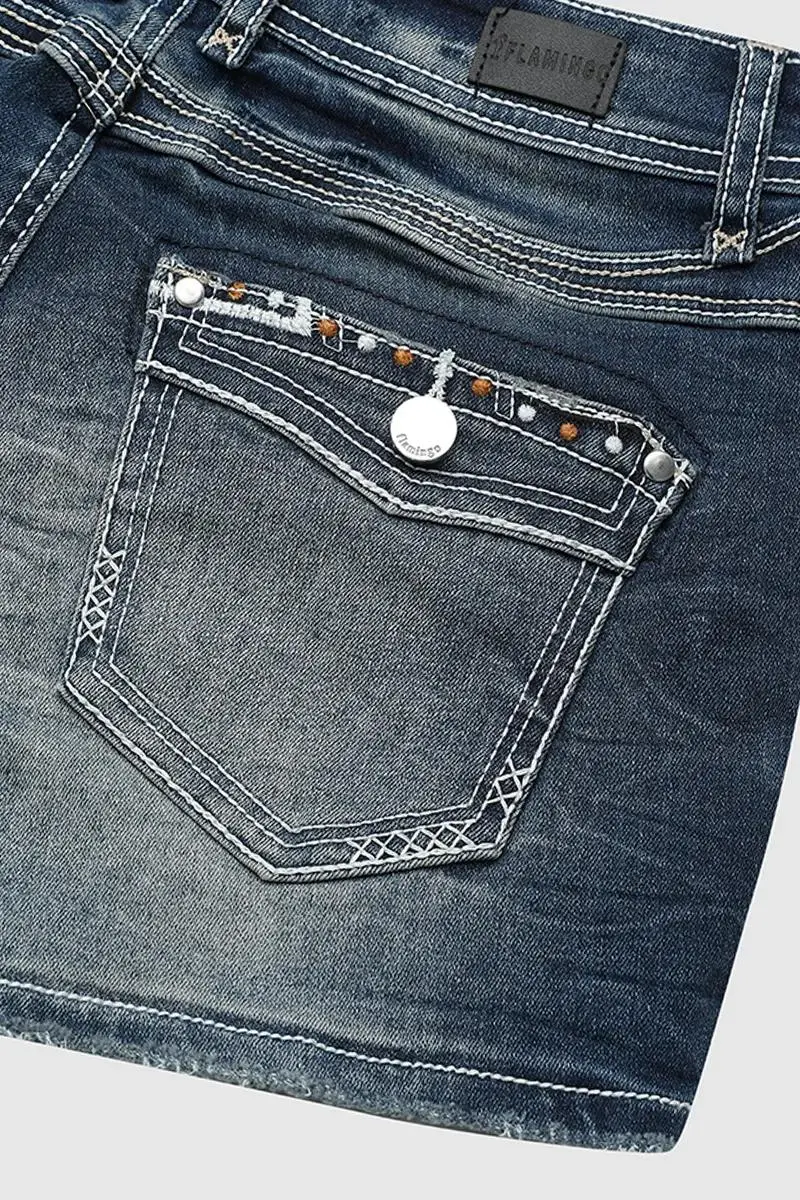 Wash Rhinestone Decor Flap Pocket Low Waist Denim Shorts