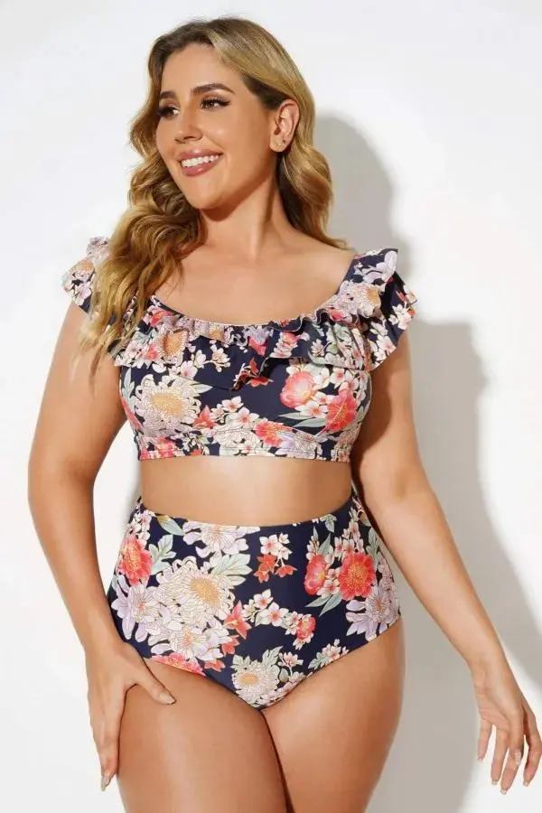 Flower Print Ruffle Bikini with High Waist Bottom