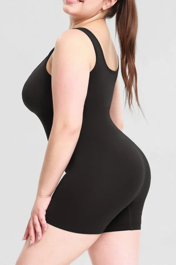 Black Wide Straps Scoop Neck Mid-Thigh Bodysuit