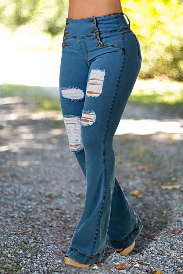 Ripped Double Breasted Button Fly High Rise Bootcut Jeans