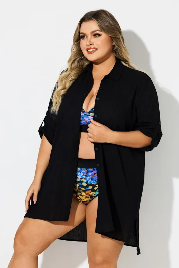 Black Button Front Swim Shirt Cover Up