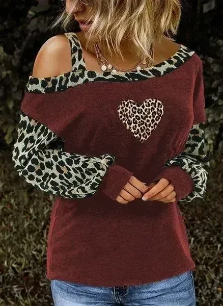 Mori Girl Leopard Print Strapless Casual Long Sleeve sweater