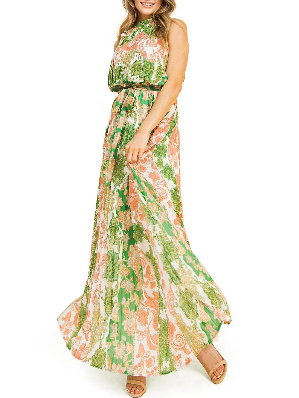 Green and Orange Pleated Maxi Dress