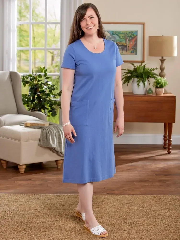M.MAC Solid Cotton Knit Mid-Length Dress With Pockets