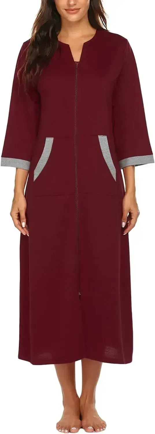 Women Zipper Robe 3/4 Sleeves Loungewear Dress Full Length Sleepwear Pockets Housecoat Nightgown Long Bathrobe