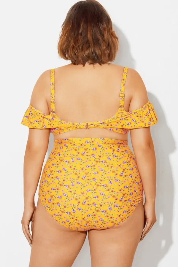 Yellow Floral Ruffled Underwire Women Bikini Top