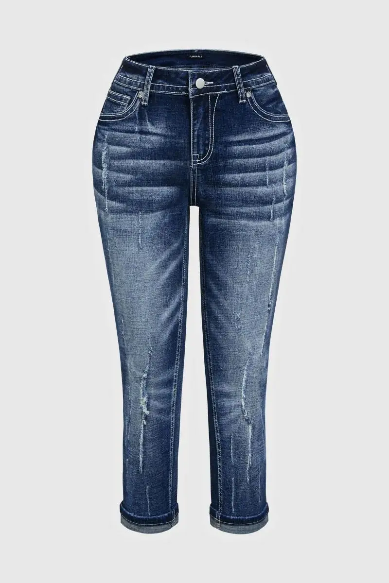 Wash Ripped Roll Hem Mid Waist Straight Leg Capri Jeans