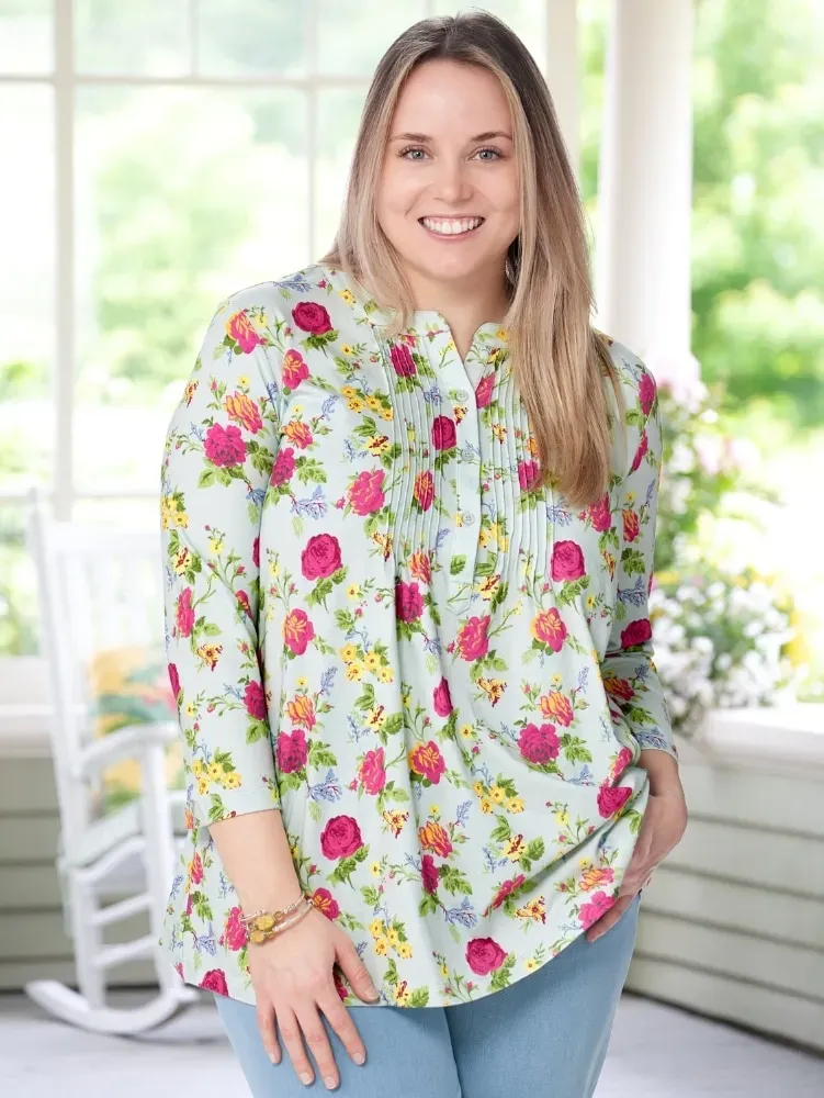 Ella Simone Soft Knit Floral Pintuck Cotton and Modal Tunic