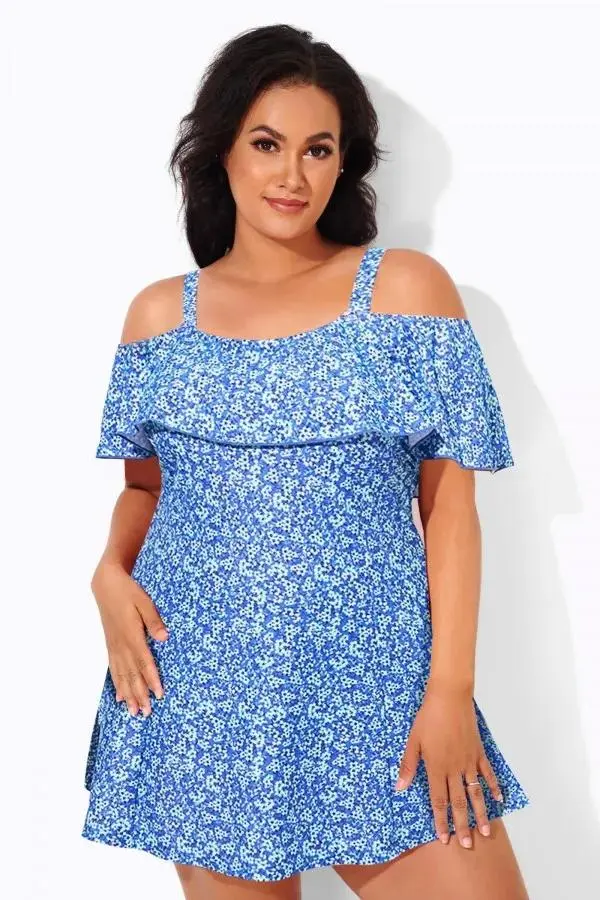 Floral Ruffle Cold Shoulder Women Swimdress