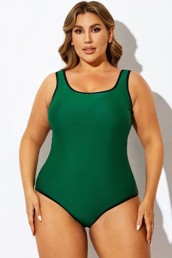 Green Scoop Neck Outline One Piece Swimsuit
