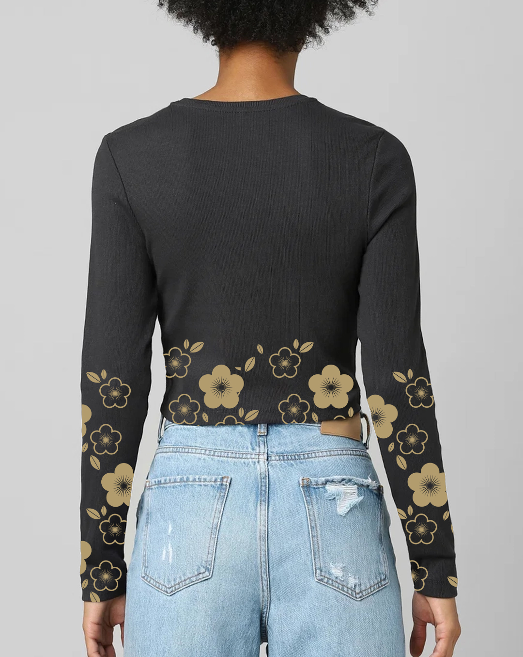 Black Floral Embroidered Long Sleeve Cropped Top