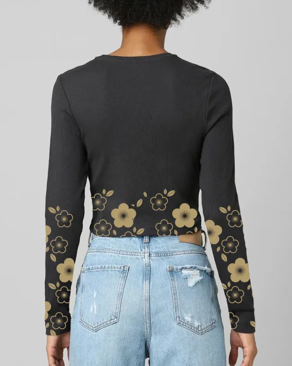 Black Floral Embroidered Long Sleeve Cropped Top