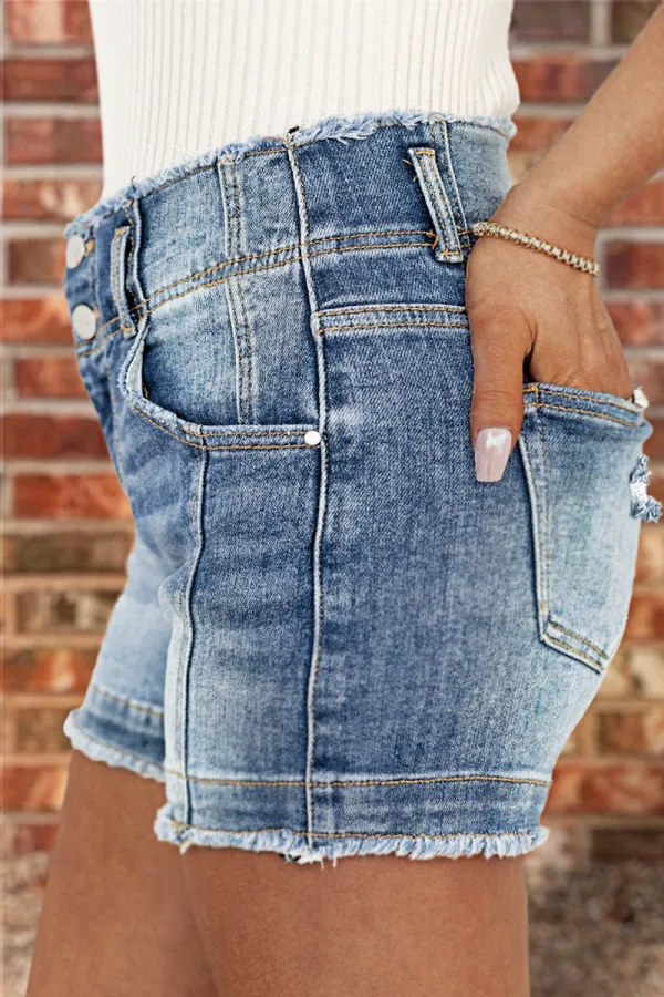 Raw Trim Ripped Dual Button High Waist Denim Shorts
