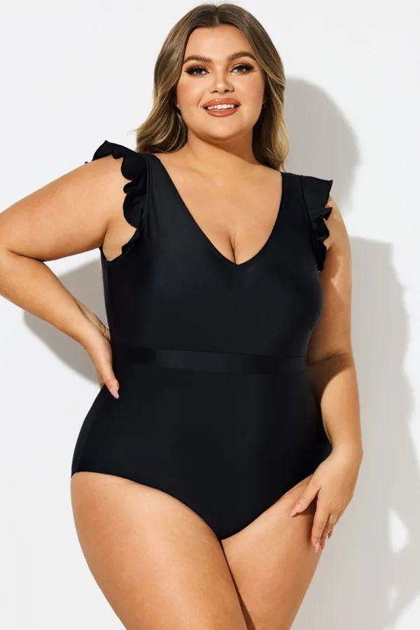 Black Ruffle Sleeves V-Neck One Piece Swimsuit