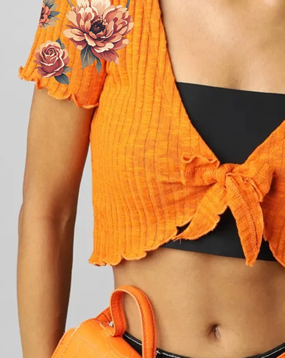 Orange Floral Print Tie Front Short Sleeve Cropped Top