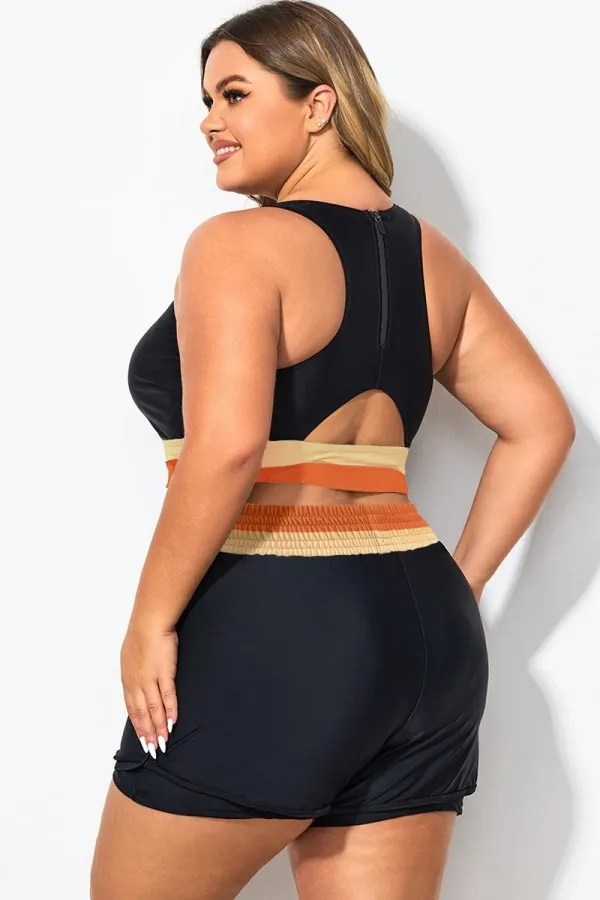 Plus Size Round Neck Orange Patchwork Bikini Top