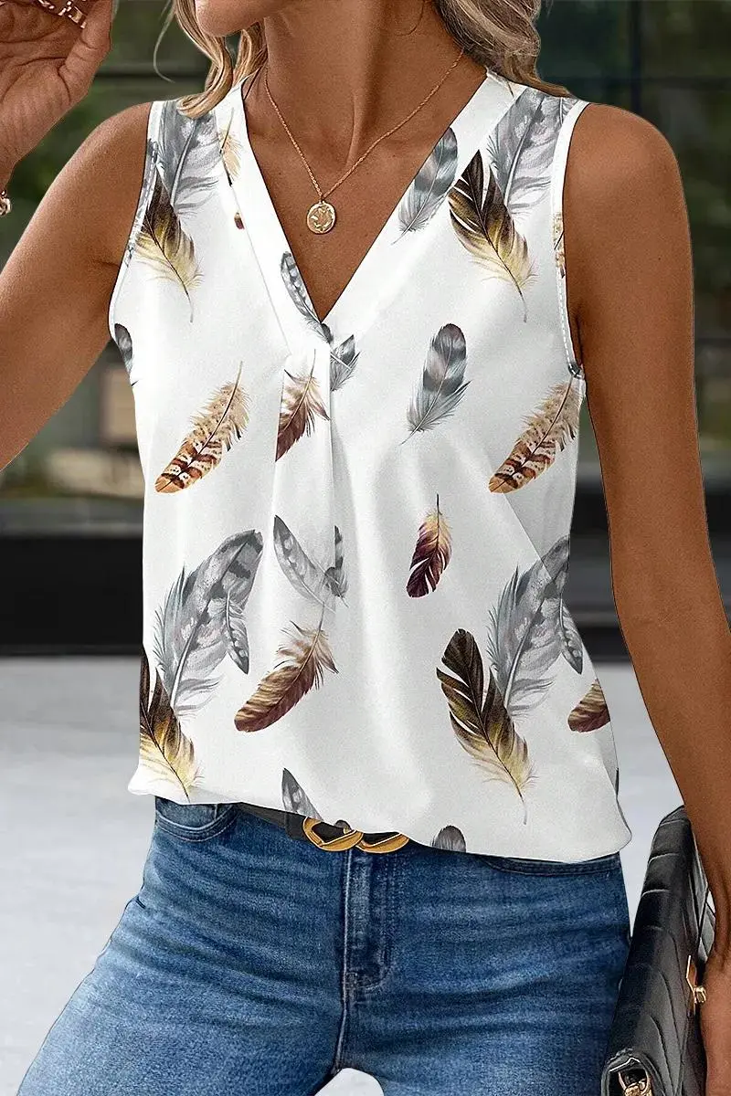 Feather Print Pleated V Neck Sleeveless Blouse