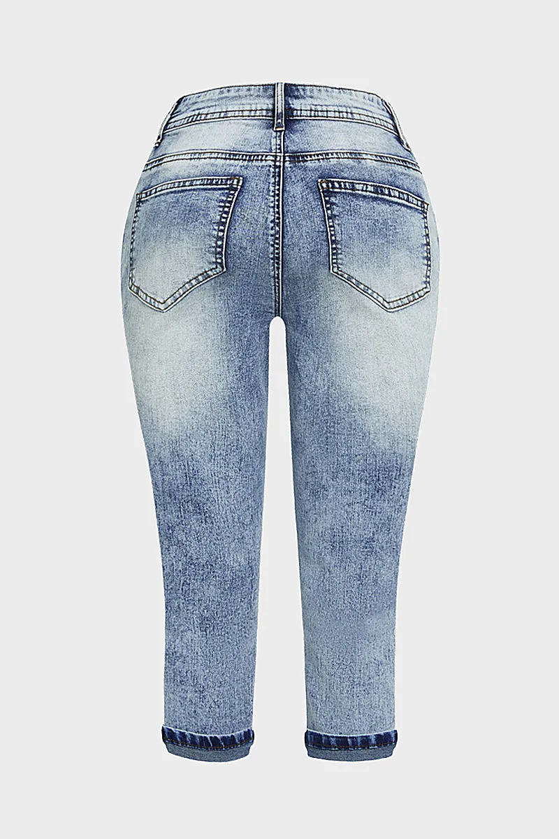 Roll Hem Wash High Stretch High Waist Capri Jeans