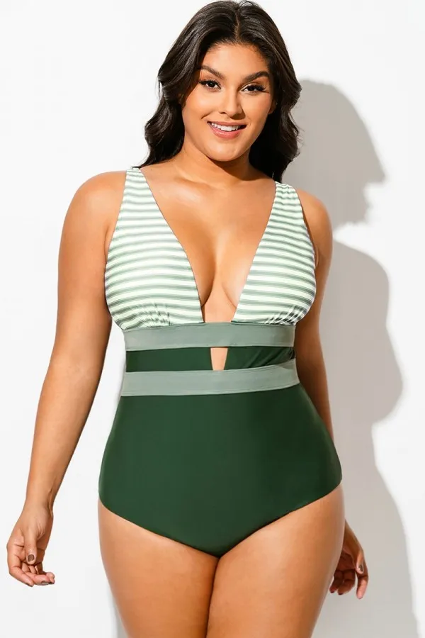 Green Striped Cut Out One Piece Swimsuit