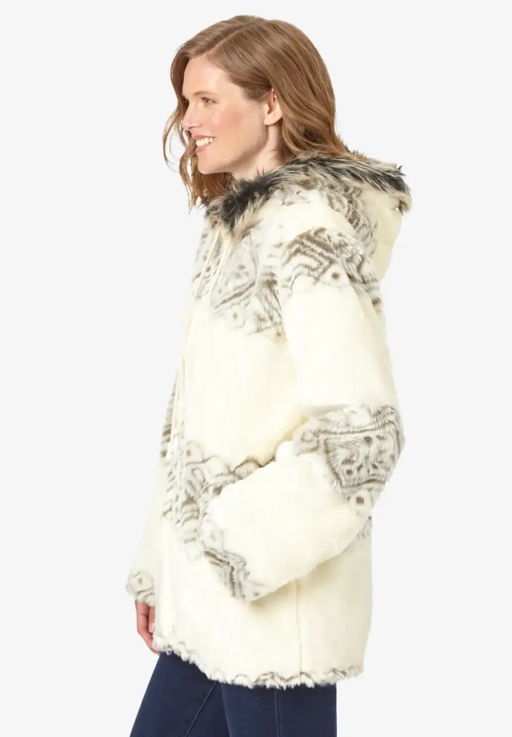 Faux Fur Snowflake Print Hooded Jacket
