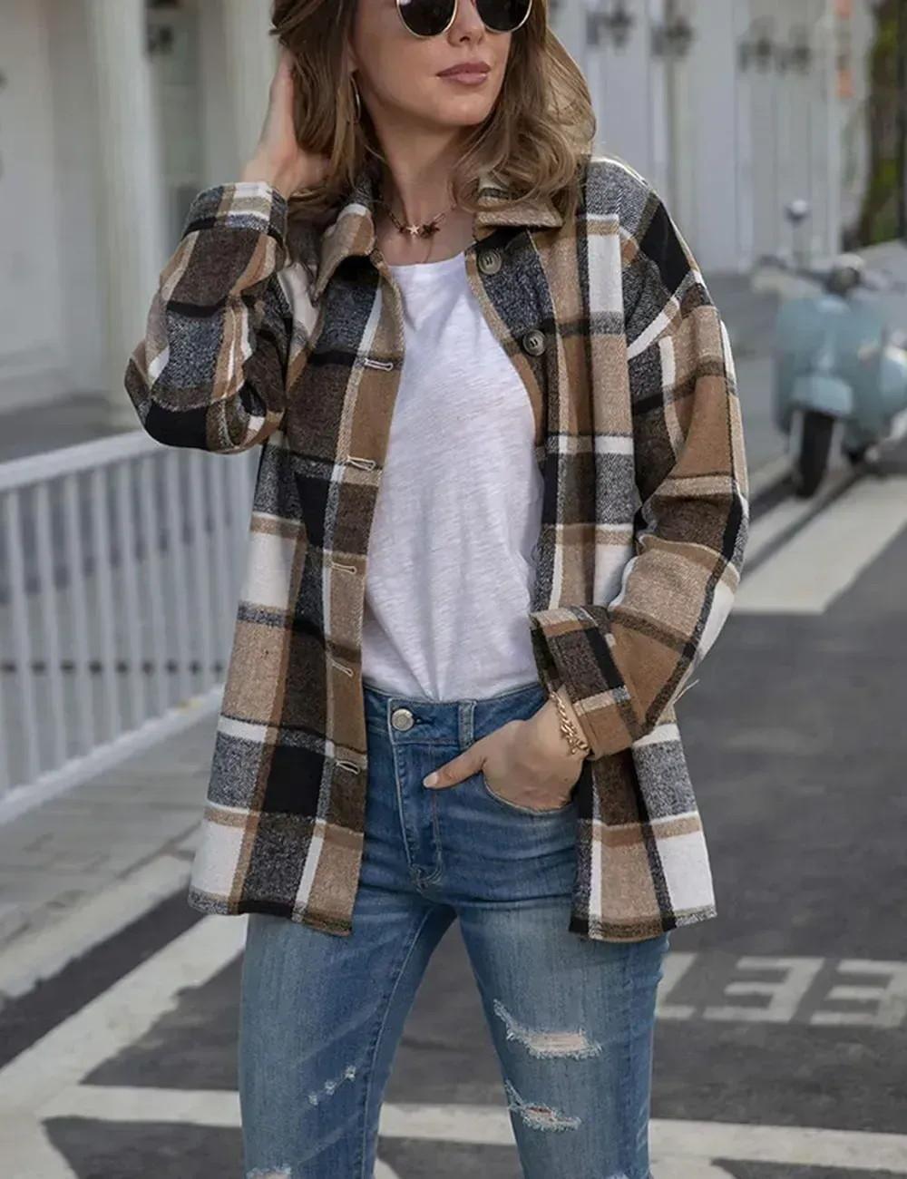 Womens Casual Plaid Shacket Button Down Long Sleeve Shirt