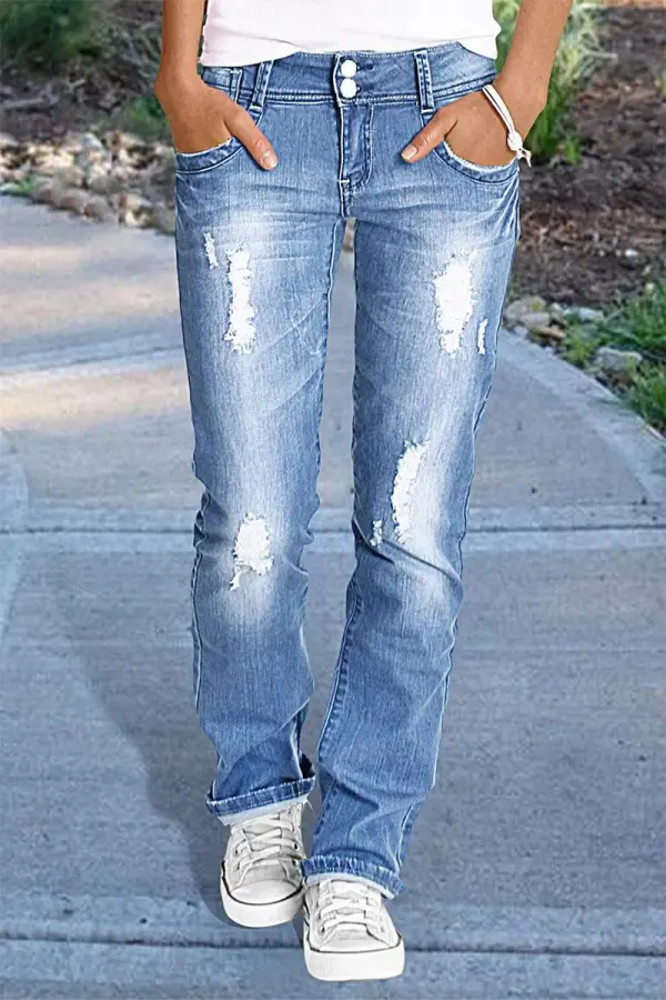 Ripped Roll Hem Double Button Low Waist Straight Leg Jeans